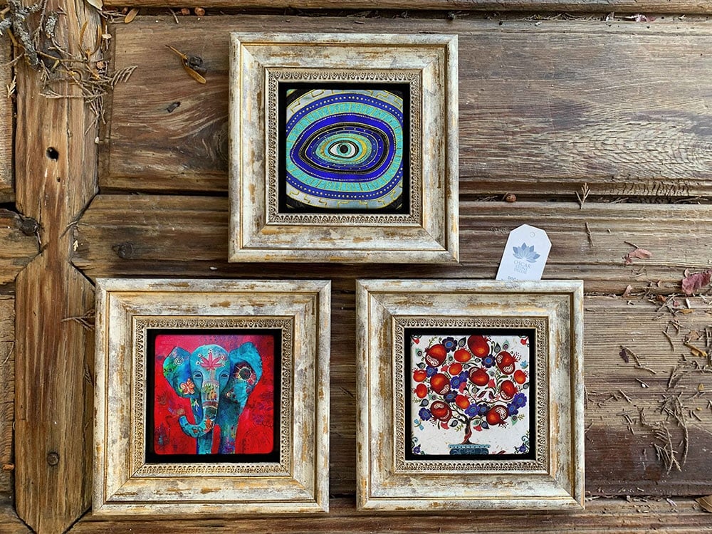 Oscar Stone Decor Çerçeveli Taş Duvar Dekoru Tablo 3'lü Set 20x20cm Nar Ağacı Fil Nazar Göz
