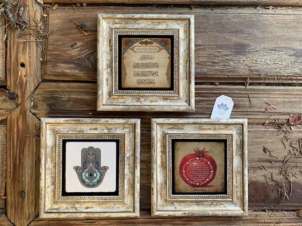 Oscar Stone Decor Çerçeveli Taş Duvar Dekoru Tablo 3'lü Set 20x20cm Nazar Dua Nar Dua Fatma Ana Eli