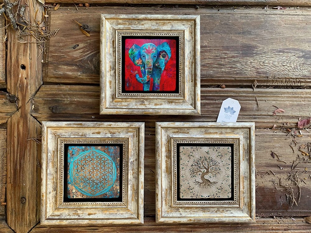 Oscar Stone Decor Çerçeveli Taş Duvar Dekoru Tablo 3'lü Set 20x20cm Fil Hayat Ağacı ve Yaşam Çiçeği