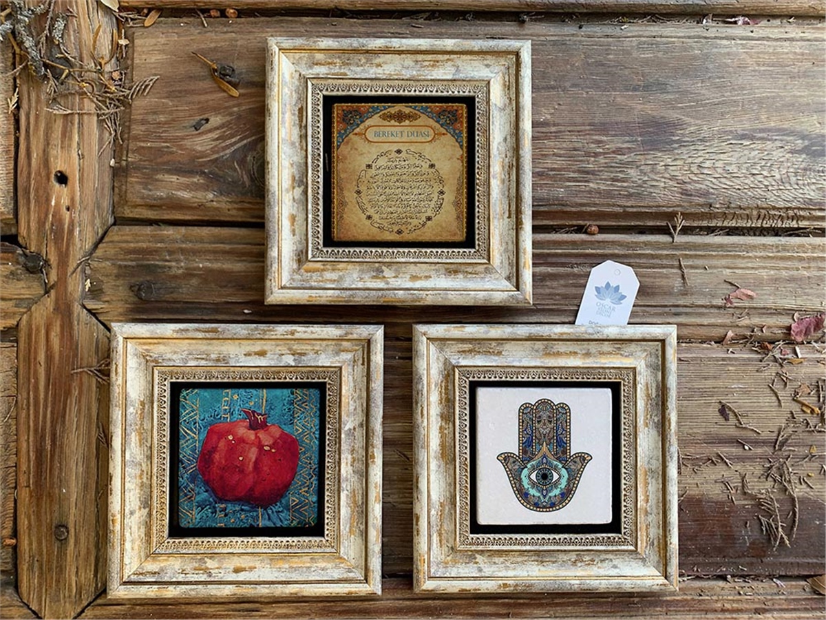 Oscar Stone Decor Çerçeveli Taş Duvar  Dekoru 20 x 20 cm 3 lü set Nar  Bereket Fatma Ana Eli