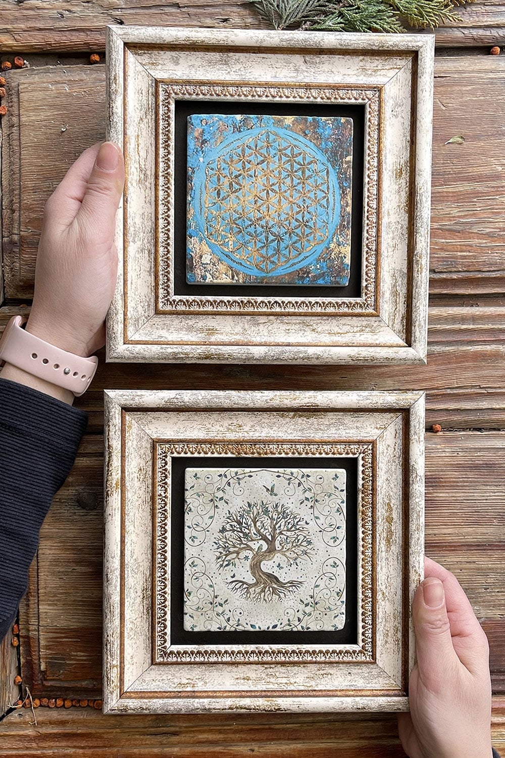 Oscar Stone Decor Çerçeveli Taş Duvar Dekoru Tablo 20x20cm 2'li Set (1090-540) Yaşam ve Hayat Ağacı