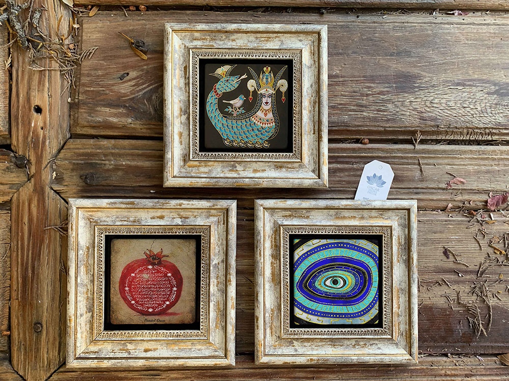 Oscar Stone Decor Çerçeveli Taş Duvar Dekoru Tablo 3'lü Set 20x20cm Nar Dua Şahmeran Nazar Göz