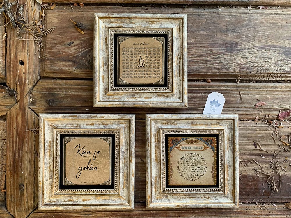 Oscar Stone Decor Çerçeveli Taş Duvar Dekoru Tablo 3'lü Set 20x20cm Kun fe yekun Esmaül Bereket
