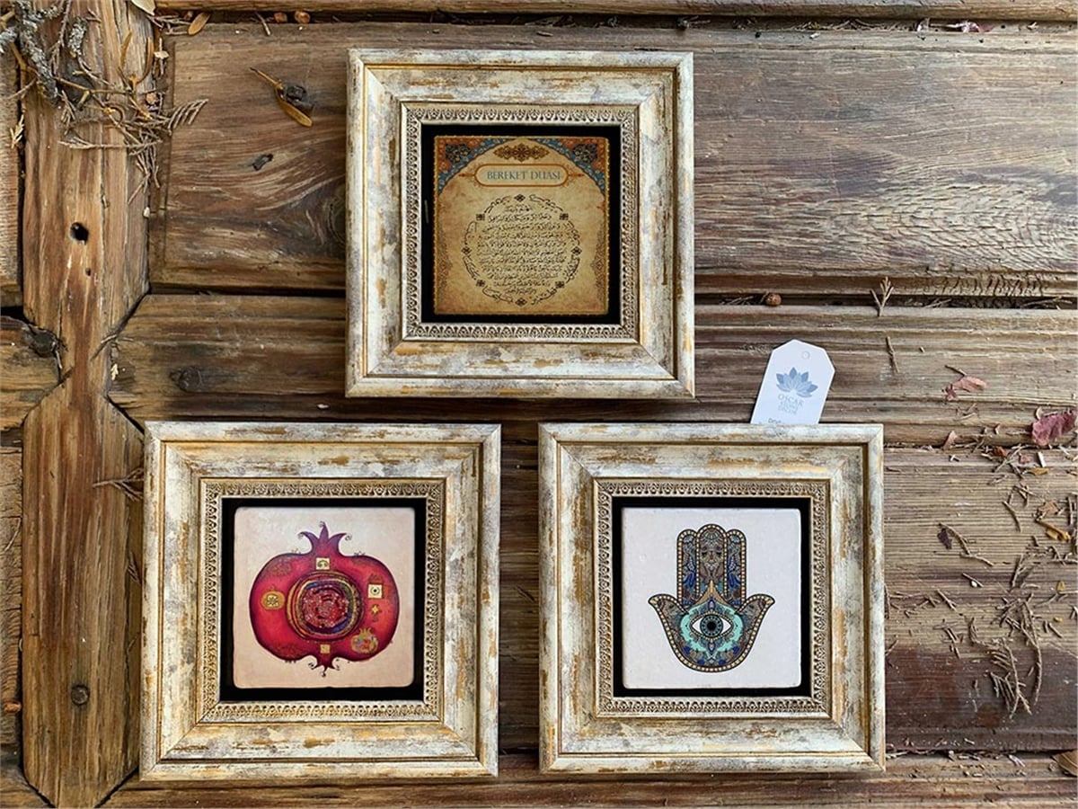 Oscar Stone Decor Çerçeveli Taş Duvar  Dekoru 20 x 20 cm 3 lü set Fatma Ana Eli Nar Bereket Duası