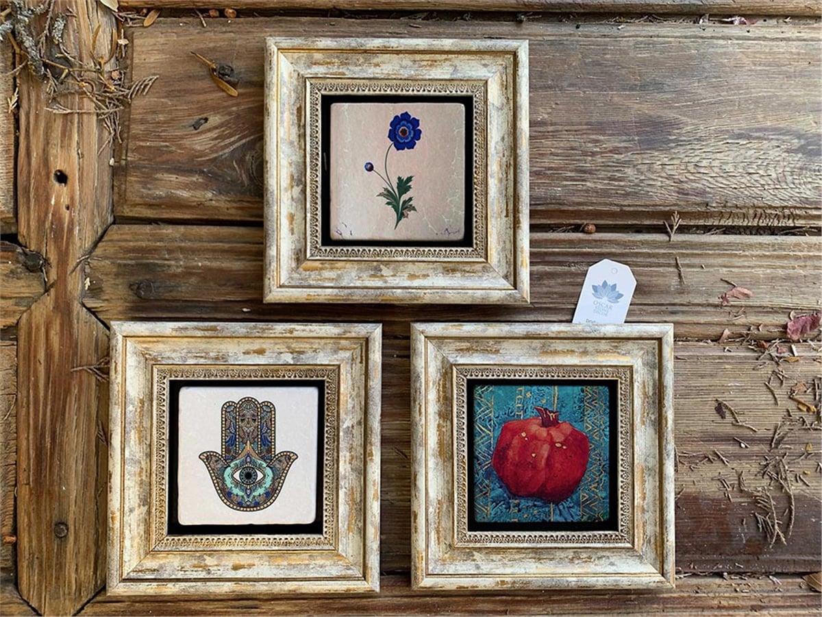 Oscar Stone Decor Çerçeveli Taş Duvar  Dekoru 20 x 20 cm 3 lü set Fatma Ana, Nar Eli Ebruli Çiçek