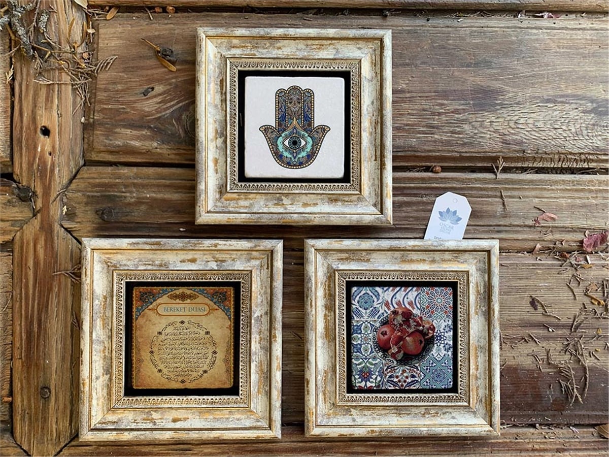 Oscar Stone Decor Çerçeveli Taş Duvar  Dekoru 20 x 20 cm 3 lü set Fatma Ana Eli Bereket duası Nar