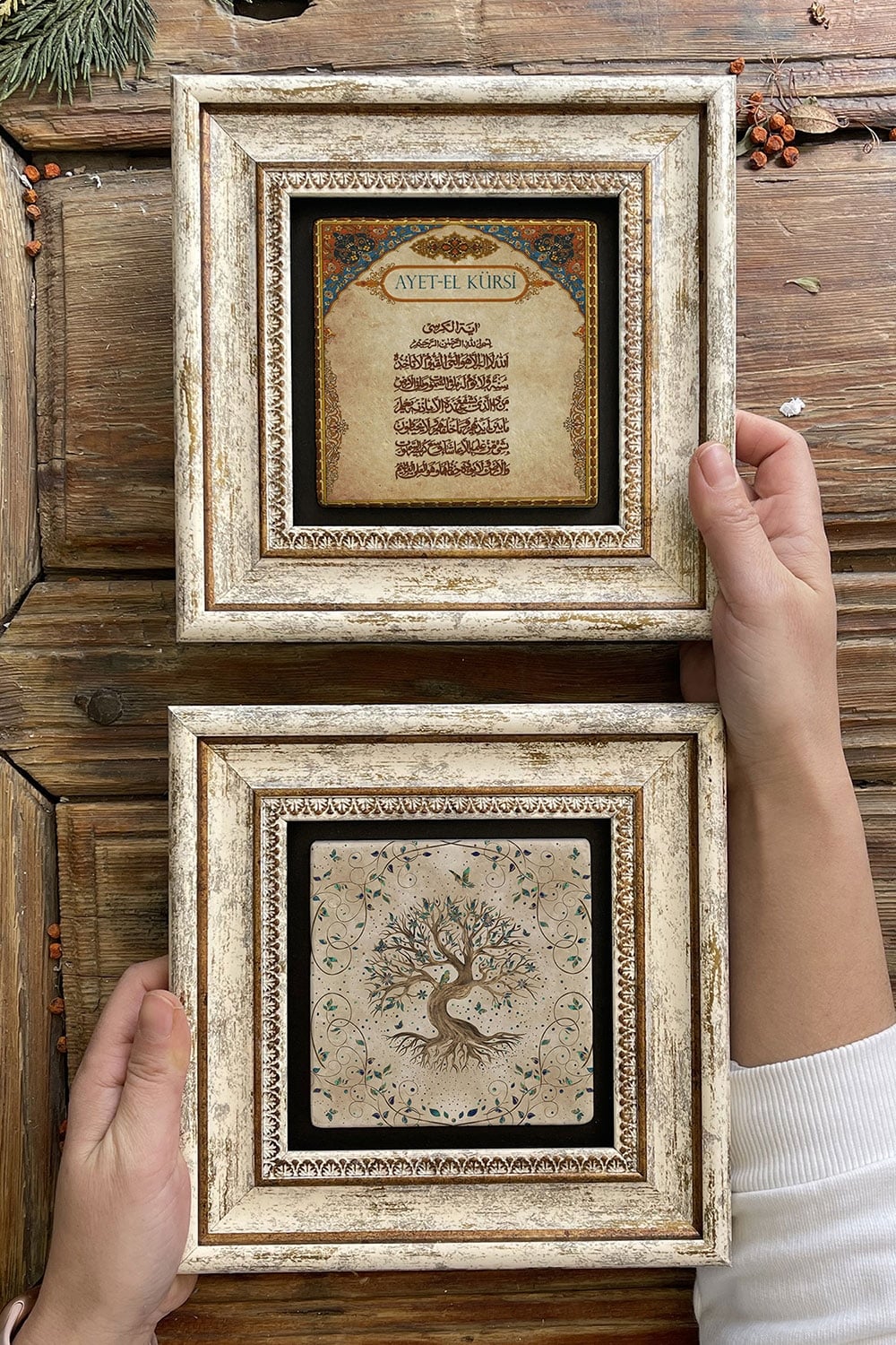 Oscar Stone Decor Çerçeveli Taş Duvar Dekoru Tablo 20x20cm 2'li Set (540-463) Hayat Ağacı Ayetel