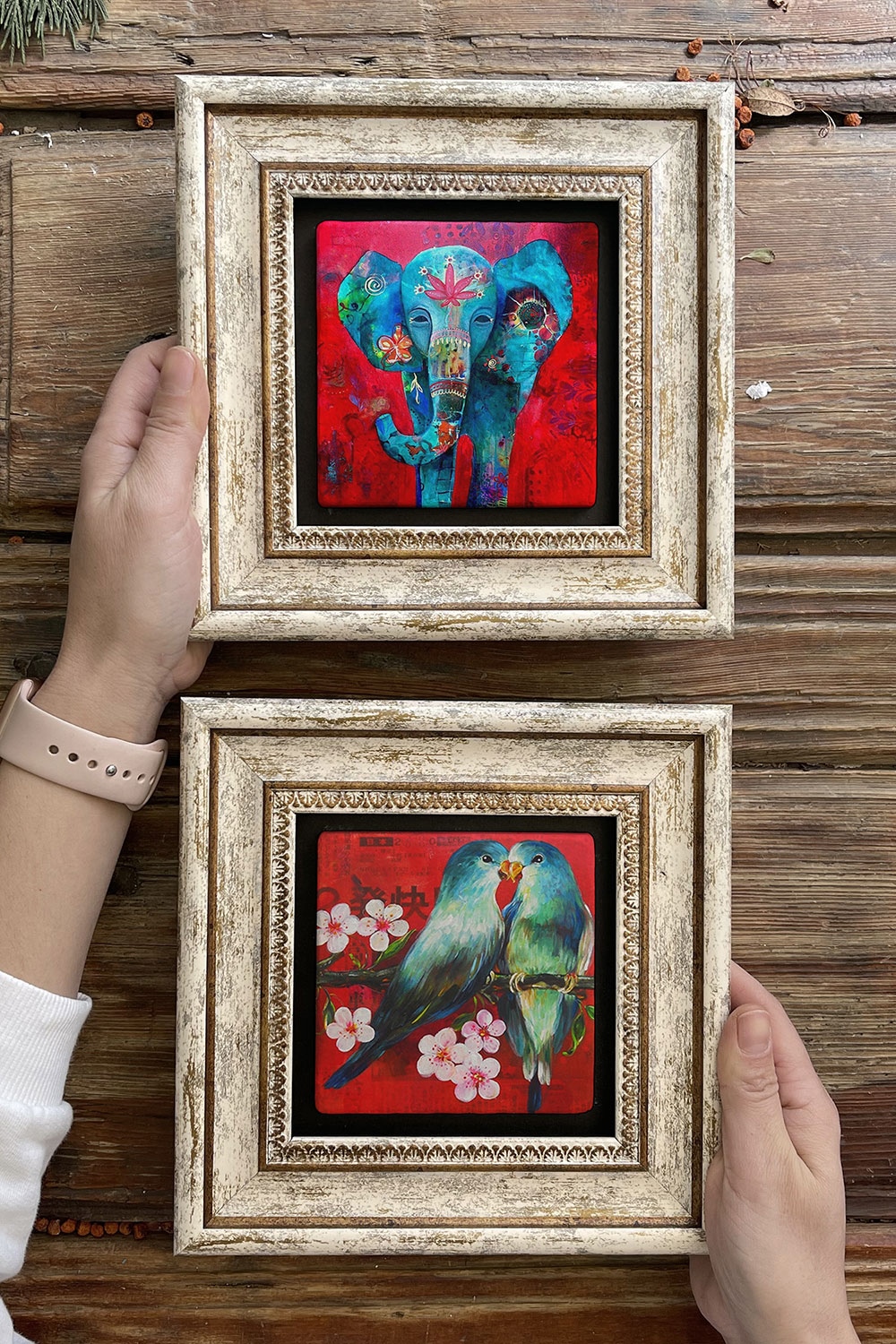 Oscar Stone Decor Çerçeveli Taş Duvar Dekoru Tablo 20x20cm 2'li Set (1488-1230) Fil Kuş