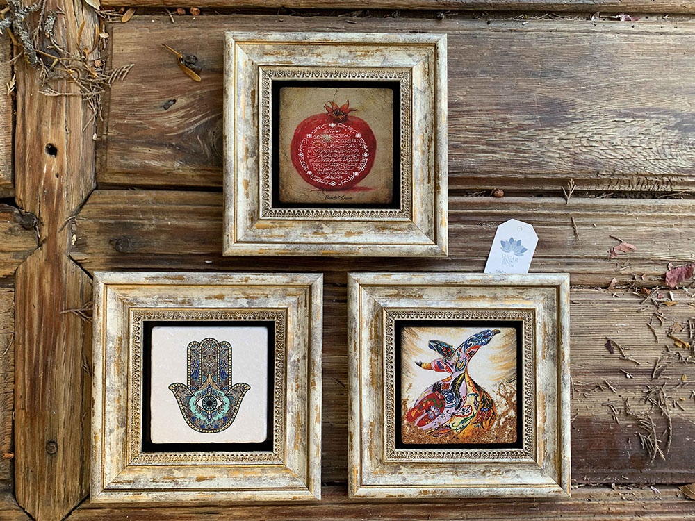 Oscar Stone Decor Çerçeveli Taş Duvar Dekoru Tablo 3'lü Set 20x20cm Nar Dua Semazen Fatma Ana Eli