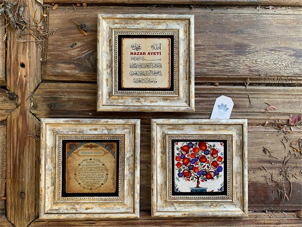 Oscar Stone Decor Çerçeveli Taş Duvar  Dekoru 20 x 20 cm Nar Ağacı Nazar ve Bereket duası 3'lü set