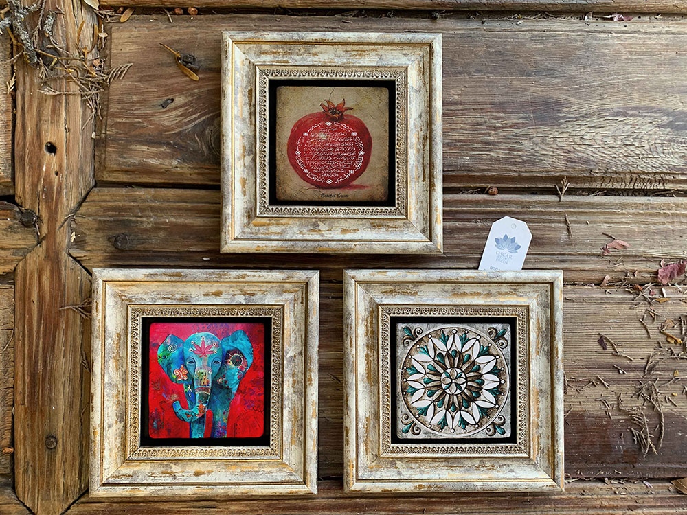 Oscar Stone Decor Çerçeveli Taş Duvar Dekoru Tablo 3'lü Set 20x20cm Fil Desen Nar Bereket Duası