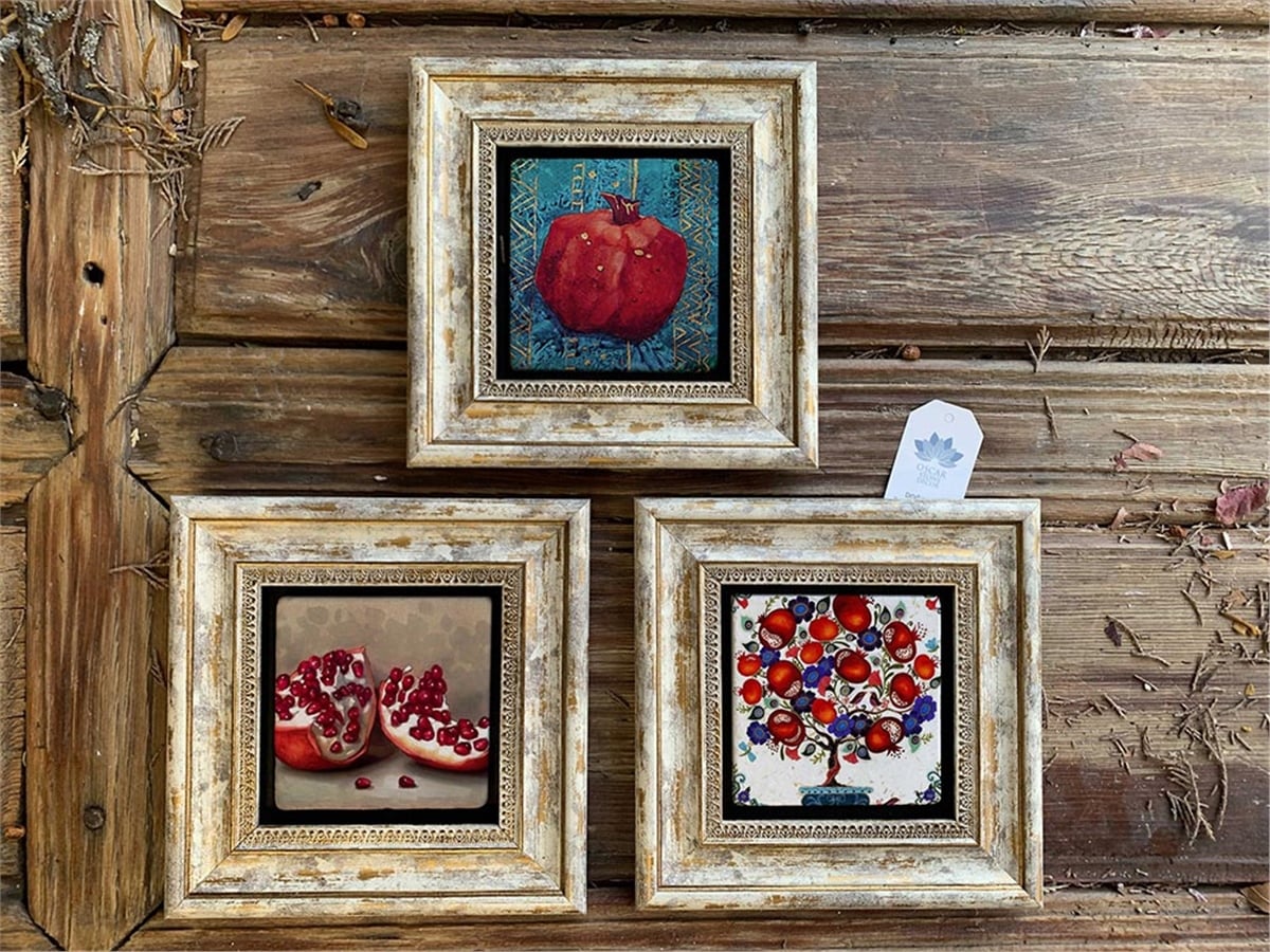 Oscar Stone Decor Çerçeveli Taş Duvar  Dekoru 20 x 20 cm 3 lü set Nar Ağacı Temalı