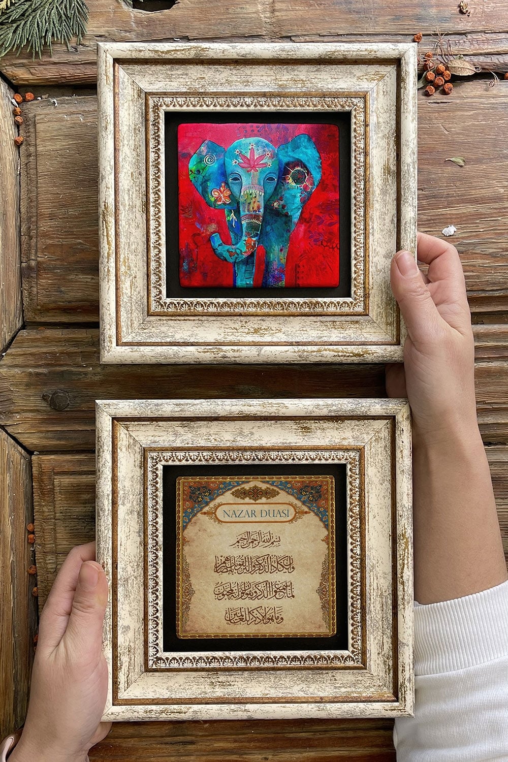 Oscar Stone Decor Çerçeveli Taş Duvar Dekoru Tablo 20x20cm 2'li Set (464-1488) Nazar Dua Fil