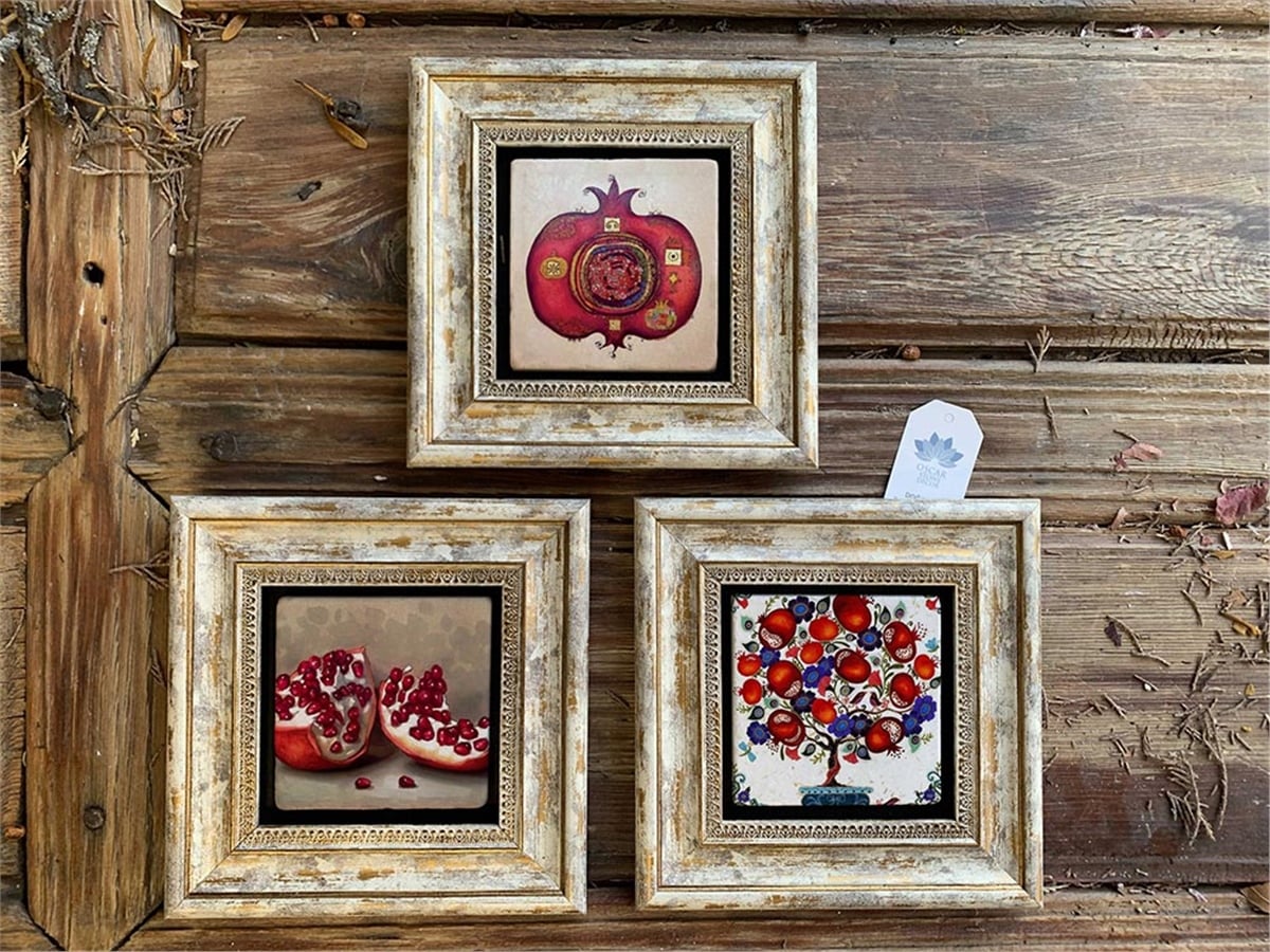 Oscar Stone Decor Çerçeveli Taş Duvar  Dekoru 20 x 20 cm 3 lü set Nar Ağacı Temalı