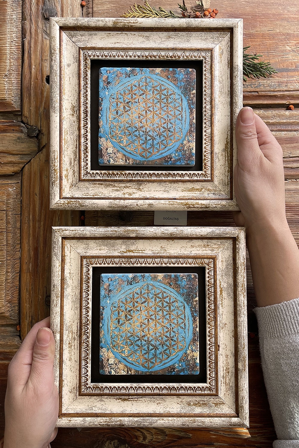 Oscar Stone Decor Çerçeveli Taş Duvar Dekoru Tablo 20x20cm 2'li Set Yaşam Çiçeği