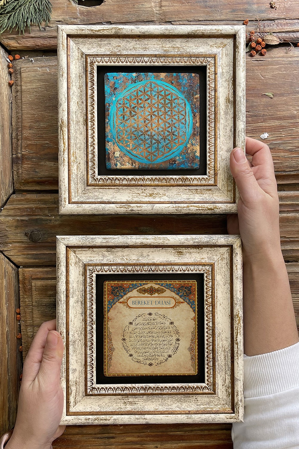 Oscar Stone Decor Çerçeveli Taş Duvar Dekoru Tablo 20x20cm 2'li Set (1090-462) Yaşam Çiçeği Bereket