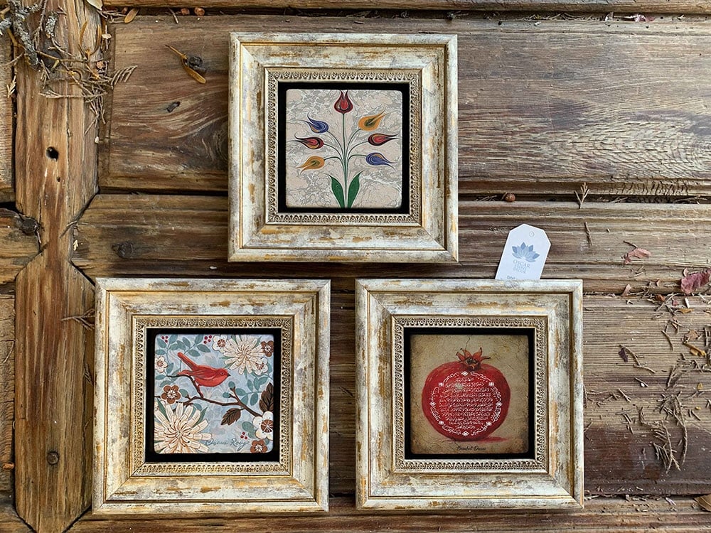Oscar Stone Decor Çerçeveli Taş Duvar Dekoru Tablo 3'lü Set 20x20cm Nar Dua Kuş ve Ebruli