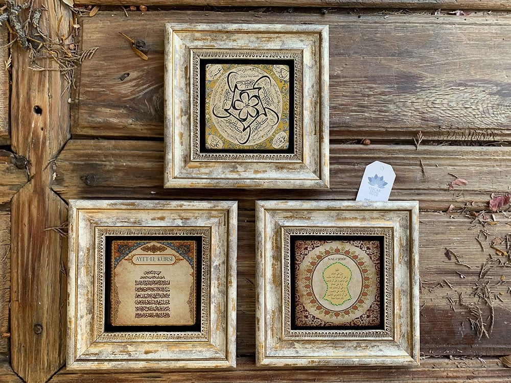 Oscar Stone Decor Çerçeveli Taş Duvar Dekoru Tablo 3'lü Set  Ayetel Kürsi Nal-ı Şerif Hilye-i Şerif