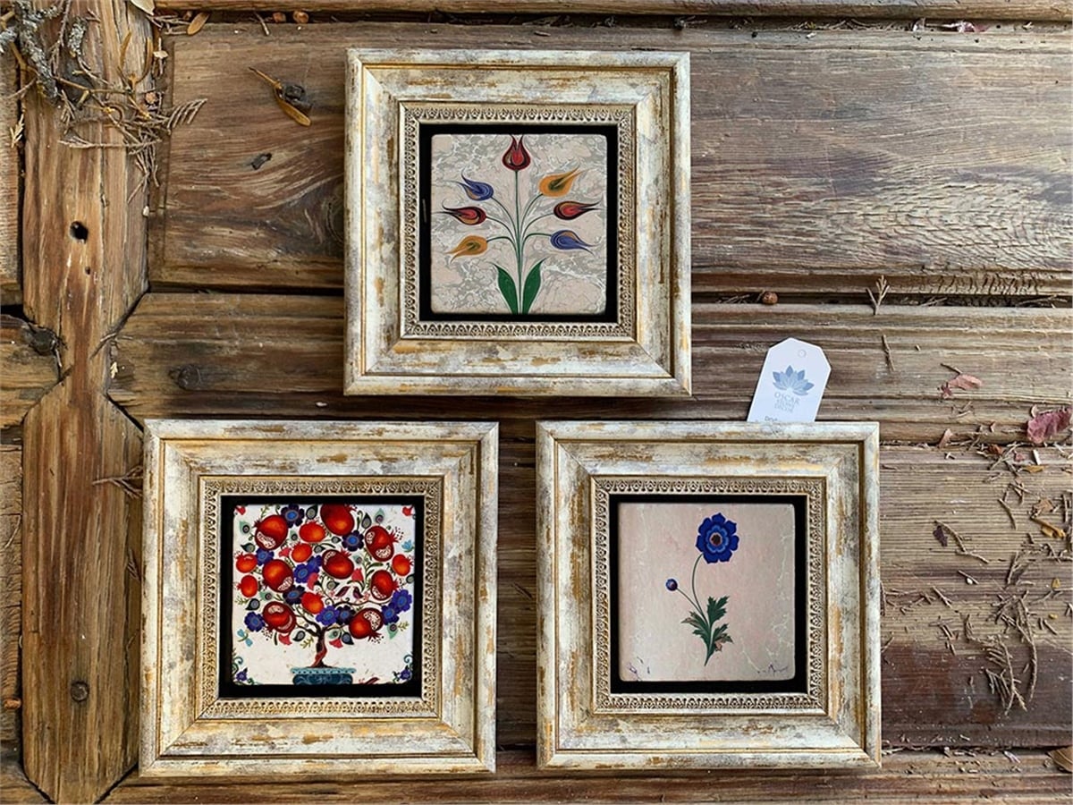 Oscar Stone Decor Çerçeveli Taş Duvar  Dekoru 20 x 20 cm 3 lü set Nar Ağacı Ebruli Çiçek Lale