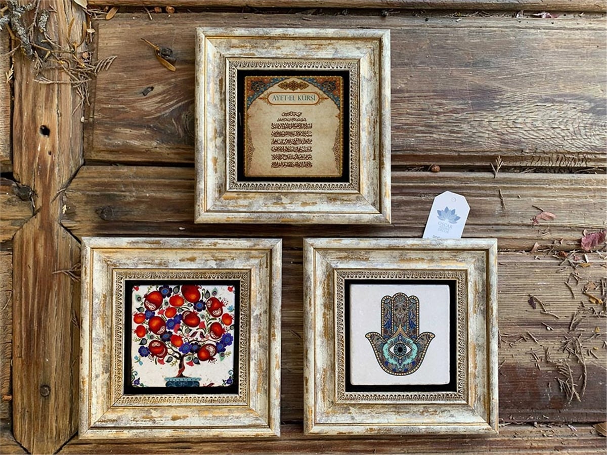 Oscar Stone Decor Çerçeveli Taş Duvar Dekoru 20 x 20 cm 3lü set Nar Ağacı Ayetel kürsi Fatma Ana Eli