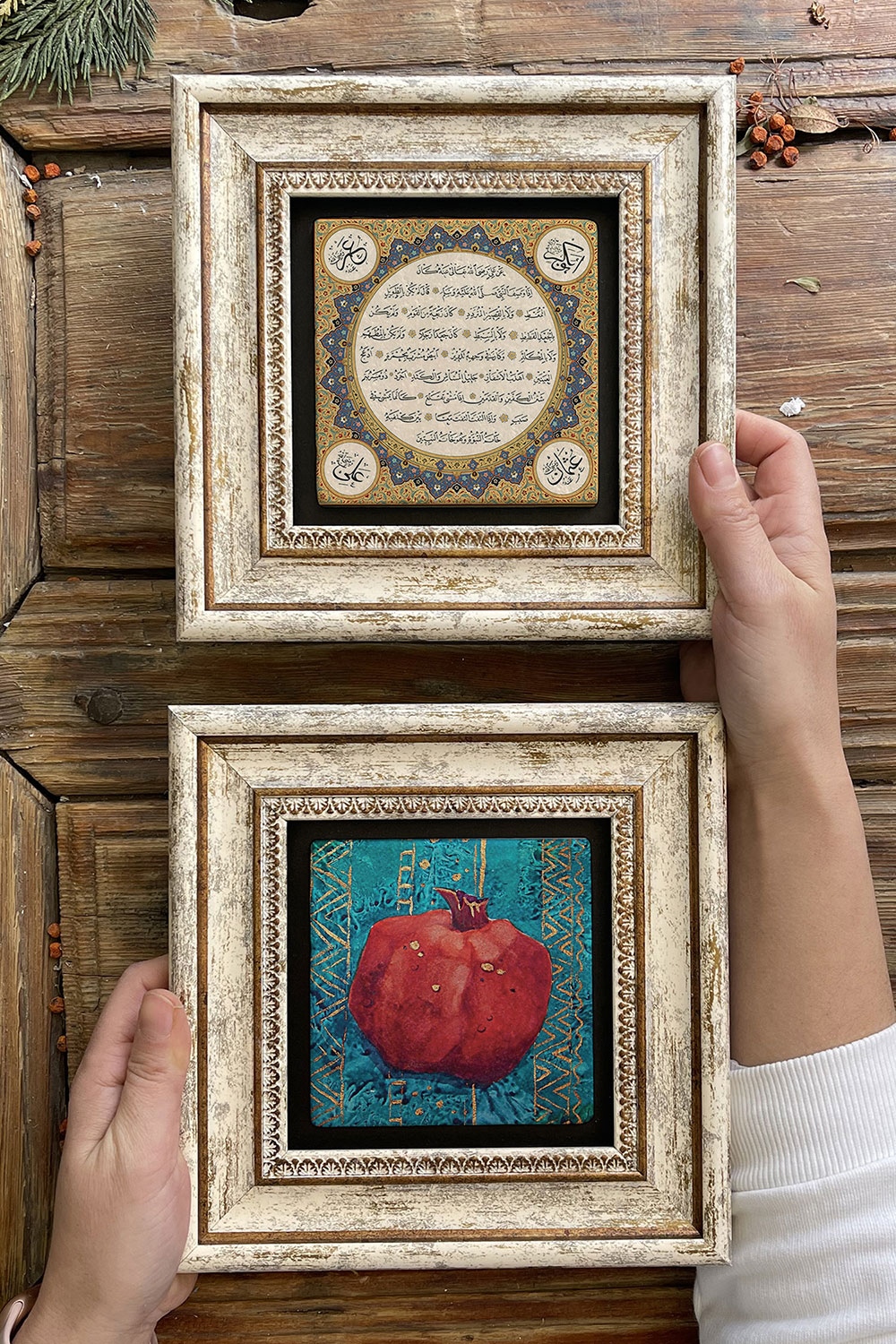 Oscar Stone Decor Çerçeveli Taş Duvar Dekoru Tablo 20x20cm 2'li Set (1668-480) Hilye-i Şerif Nar