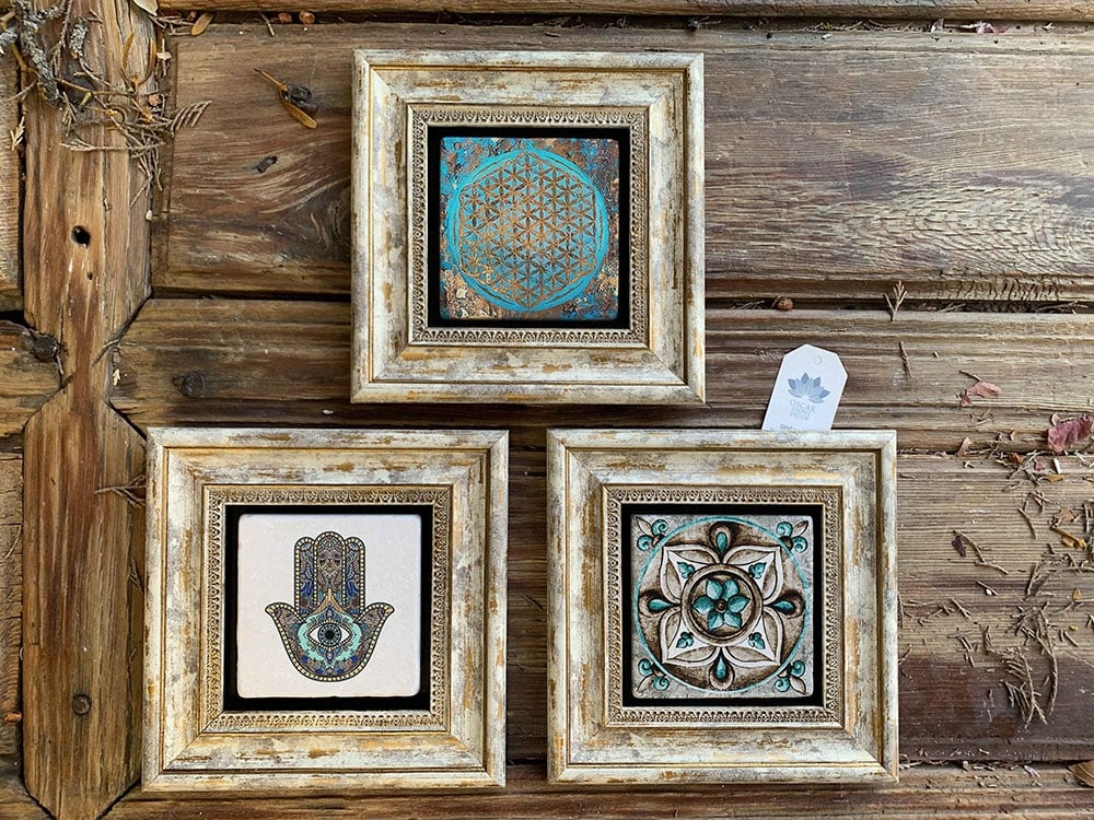 Oscar Stone Decor Çerçeveli Taş Duvar Dekoru Tablo 3'lü Set 20x20cm Fatma Ana Yaşam Çiçeği Desen