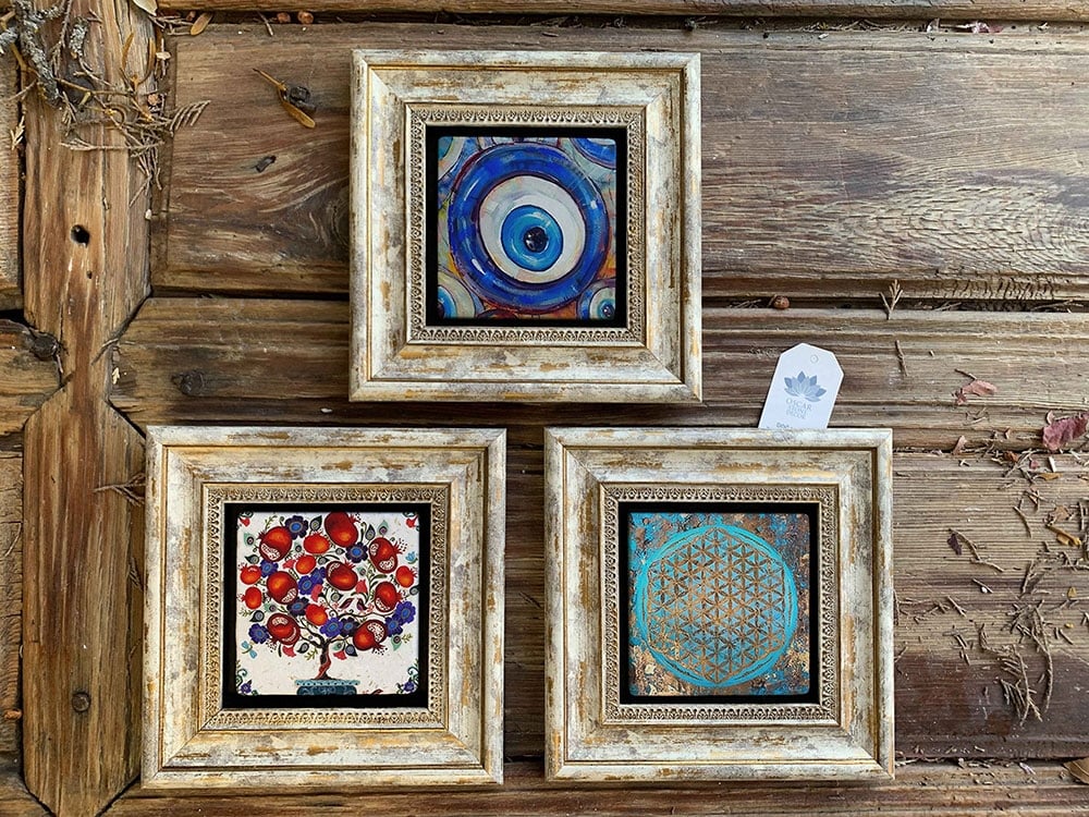 Oscar Stone Decor Çerçeveli Taş Duvar Dekoru Tablo 3'lü Set 20x20cm Nazar Boncuğu Nar Ağacı