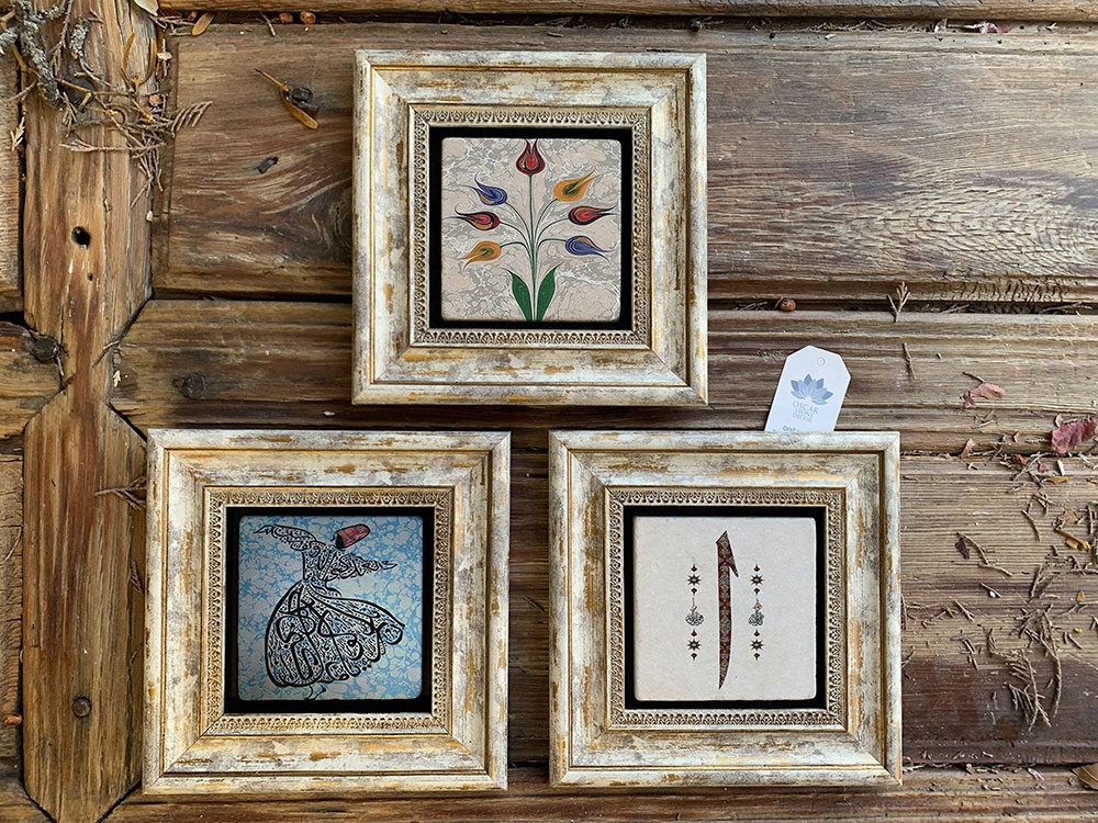 Oscar Stone Decor Çerçeveli Taş Duvar Dekoru Tablo 3'lü Set 20x20cm Semazen Ebruli Elif