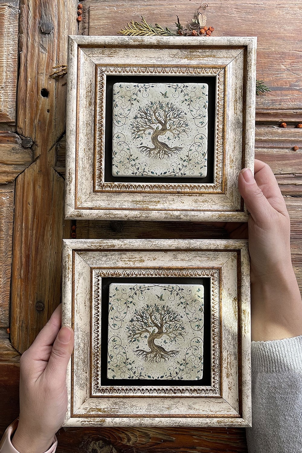 Oscar Stone Decor Çerçeveli Taş Duvar Dekoru Tablo 20x20cm 2'li Set Hayat Ağacı