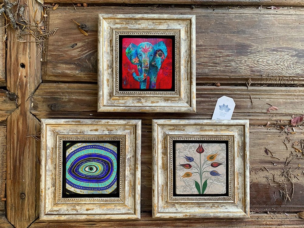 Oscar Stone Decor Çerçeveli Taş Duvar Dekoru Tablo 3'lü Set 20x20cm Fil Ebruli Çiçek Nazar Göz