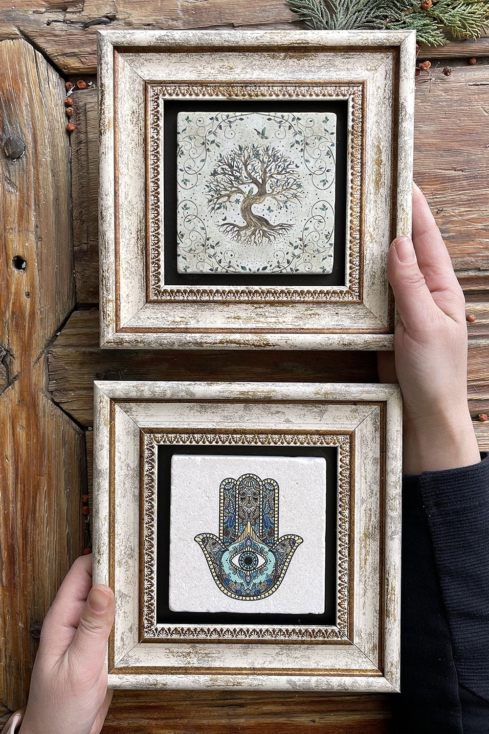 Oscar Stone Decor Çerçeveli Taş Duvar Dekoru Tablo 20x20cm 2'li Set (114-540) Fatma Ana Hayat Ağacı
