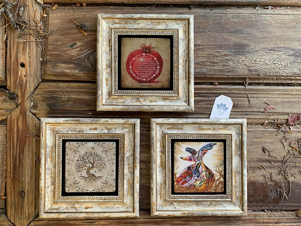 Oscar Stone Decor Çerçeveli Taş Duvar Dekoru Tablo 3'lü Set 20x20cm Nar Dua Hayat Ağacı Semazen