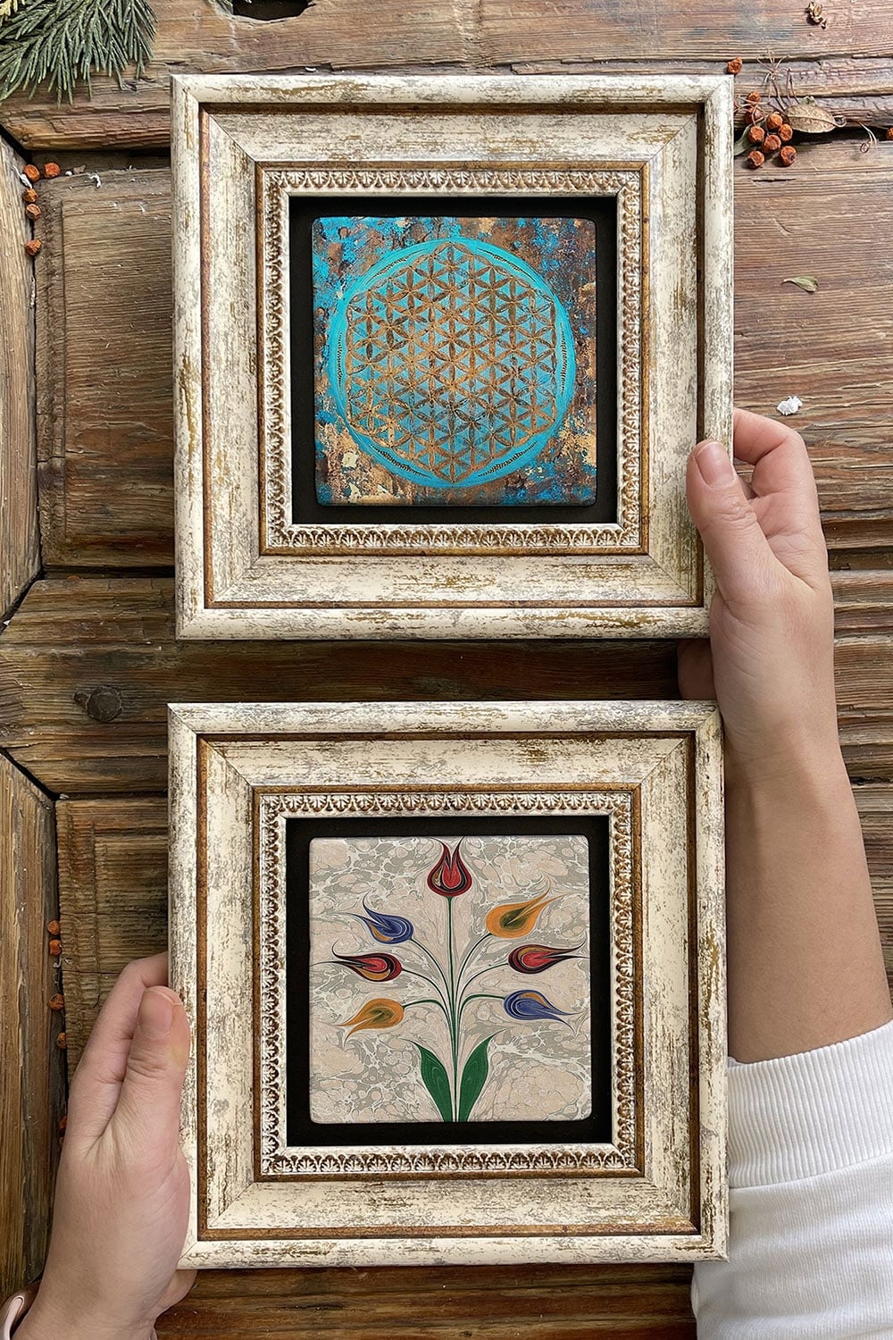Oscar Stone Decor Çerçeveli Taş Duvar Dekoru Tablo 20x20cm 2'li Set (1090-499) Yaşam Çiçeği Ebruli