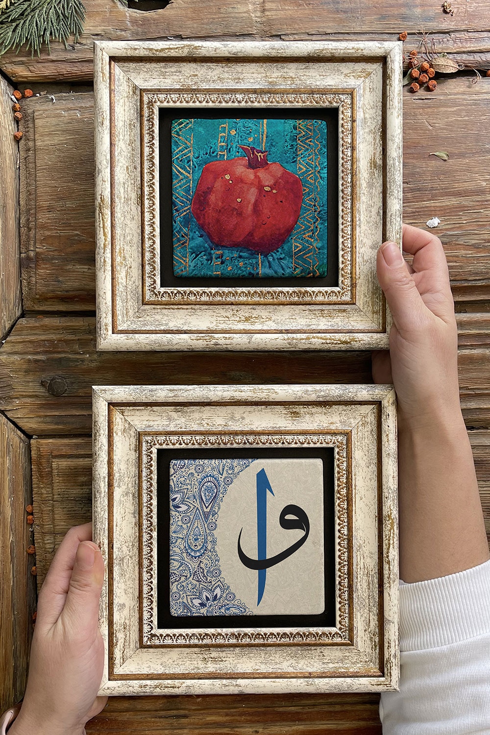 Oscar Stone Decor Çerçeveli Taş Duvar Dekoru Tablo 20x20cm 2'li Set (480-353) Nar Vav Elif