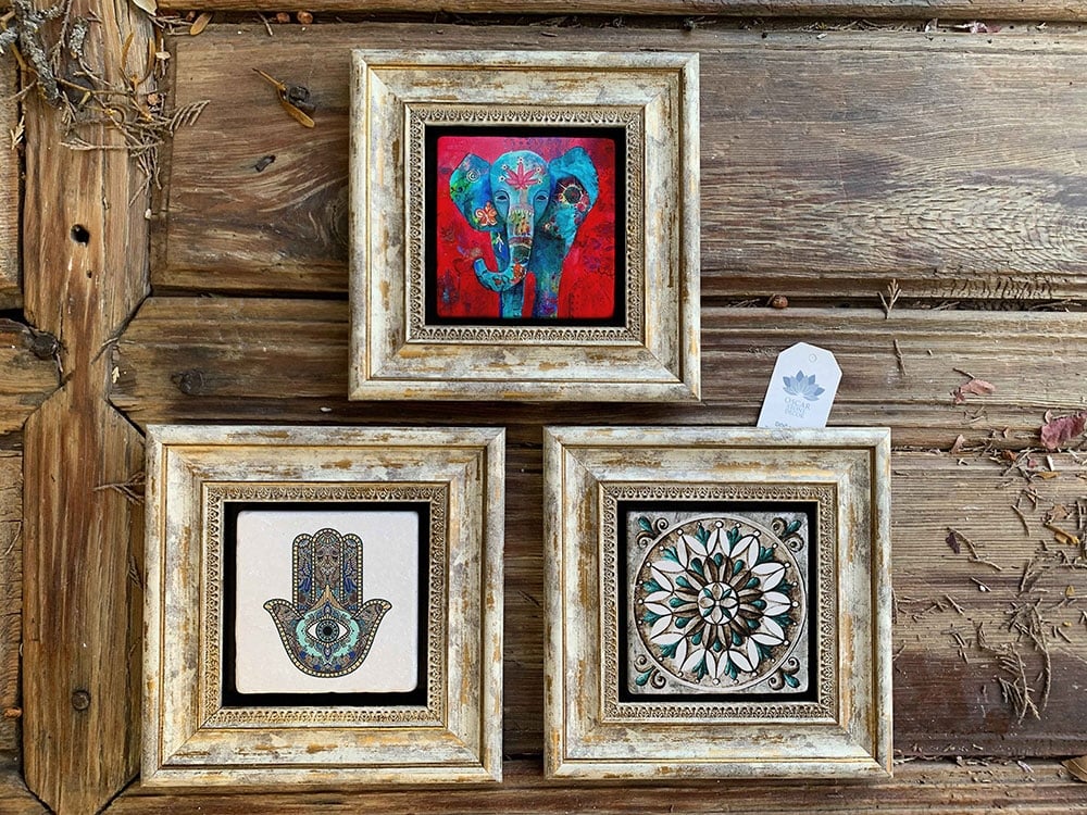 Oscar Stone Decor Çerçeveli Taş Duvar Dekoru Tablo 3'lü Set 20x20cm Fil Desen Fatma Ana Eli