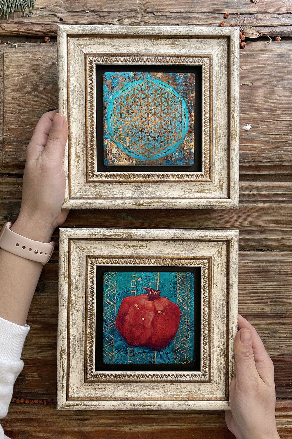 Oscar Stone Decor Çerçeveli Taş Duvar Dekoru Tablo 20x20cm 2'li Set (480-1090) Nar Yaşam Çiçeği