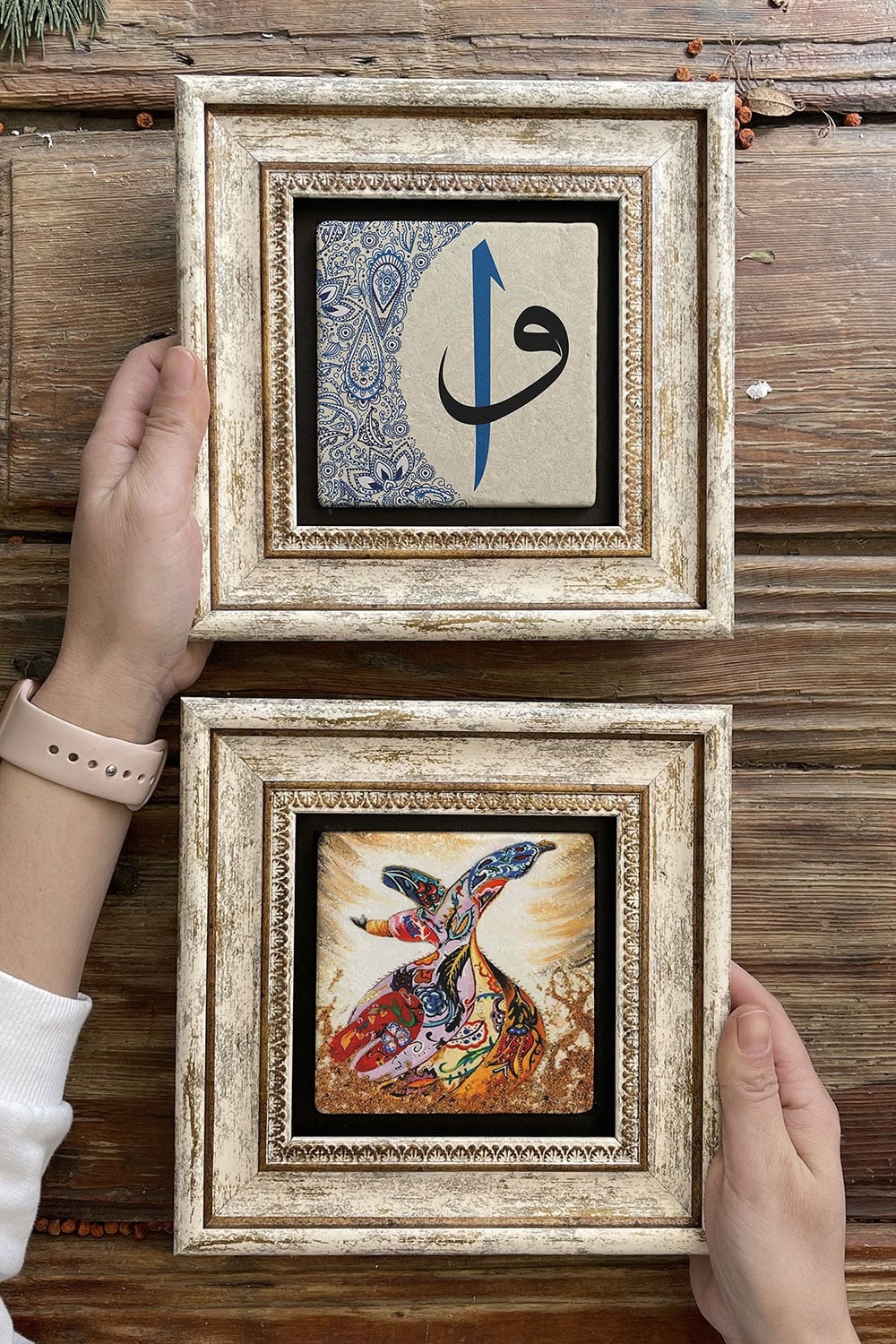 Oscar Stone Decor Çerçeveli Taş Duvar Dekoru Tablo 20x20cm 2'li Set (60-353) Semazen Vav Elif