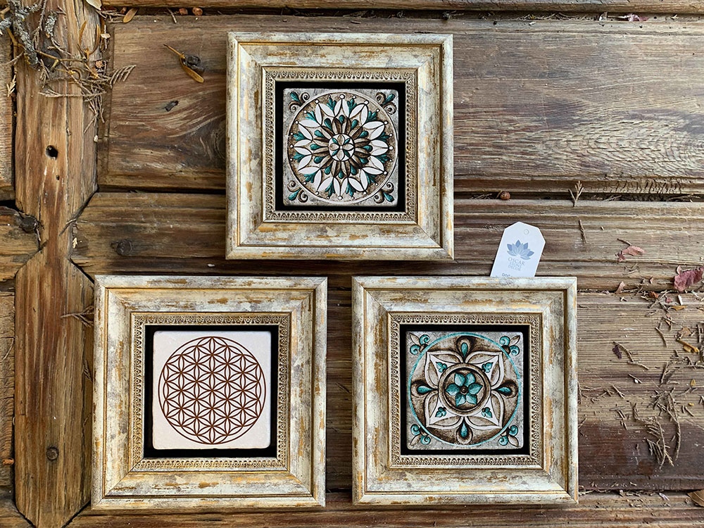 Oscar Stone Decor Çerçeveli Taş Duvar Dekoru Tablo 3'lü Set 20x20cm Yaşam Çiçeği ve Desen Seti