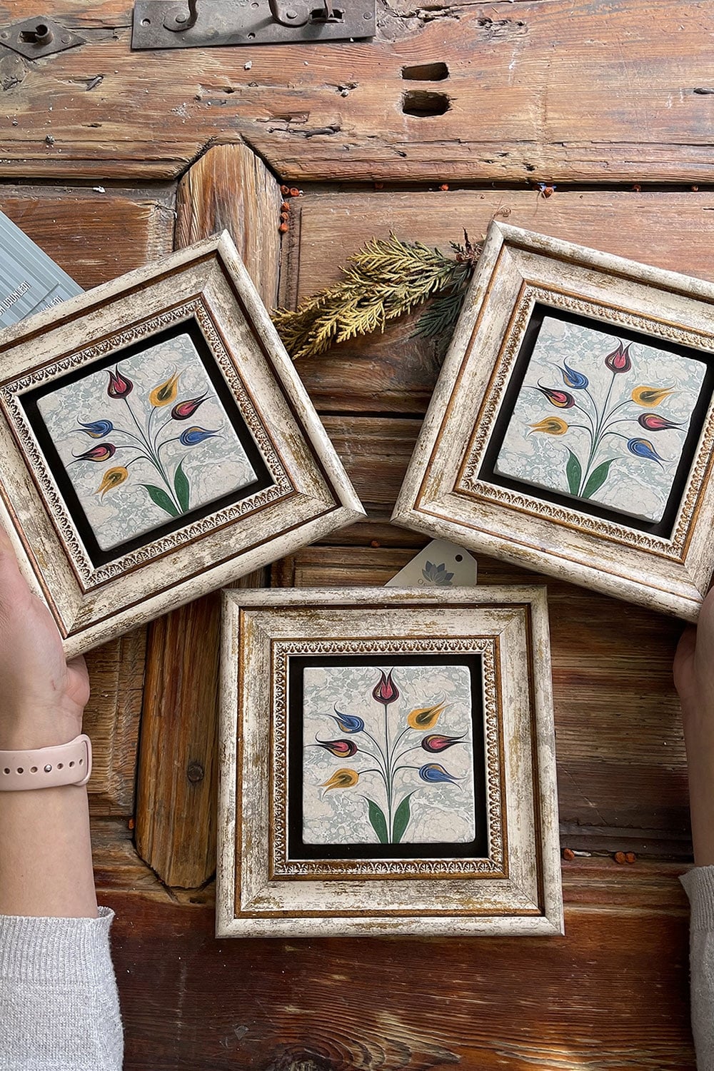 Oscar Stone Decor Çerçeveli Taş Duvar Dekoru Tablo 20x20cm 3'lü Set Ebruli