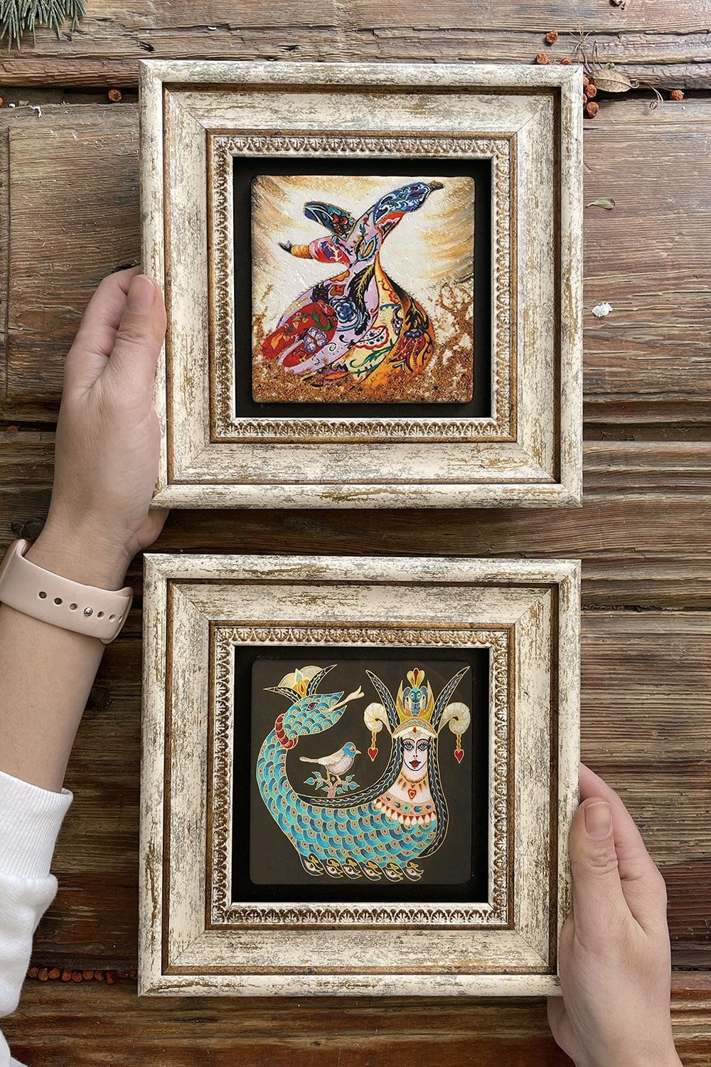 Oscar Stone Decor Çerçeveli Taş Duvar Dekoru Tablo 20x20cm 2'li Set (1213-60) Şahmeran Semazen