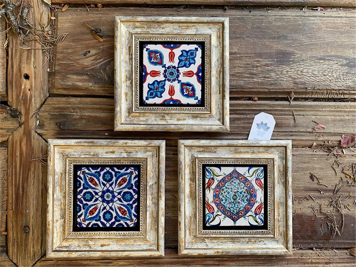 Oscar Stone Decor Çerçeveli Taş Duvar  Dekoru 20 x 20 cm Çini Desen 3 lü set