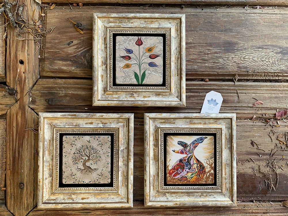 Oscar Stone Decor Çerçeveli Taş Duvar Dekoru Tablo 3'lü Set 20x20cm Hayat Ağacı Ebruli Semazen
