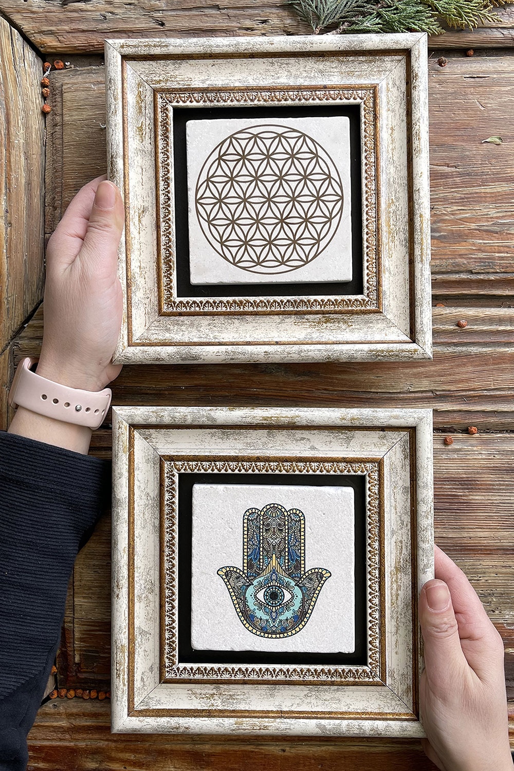 Oscar Stone Decor Çerçeveli Taş Duvar Dekoru Tablo 20x20cm 2'li Set (114-7774) Fatma Yaşam Çiçeği