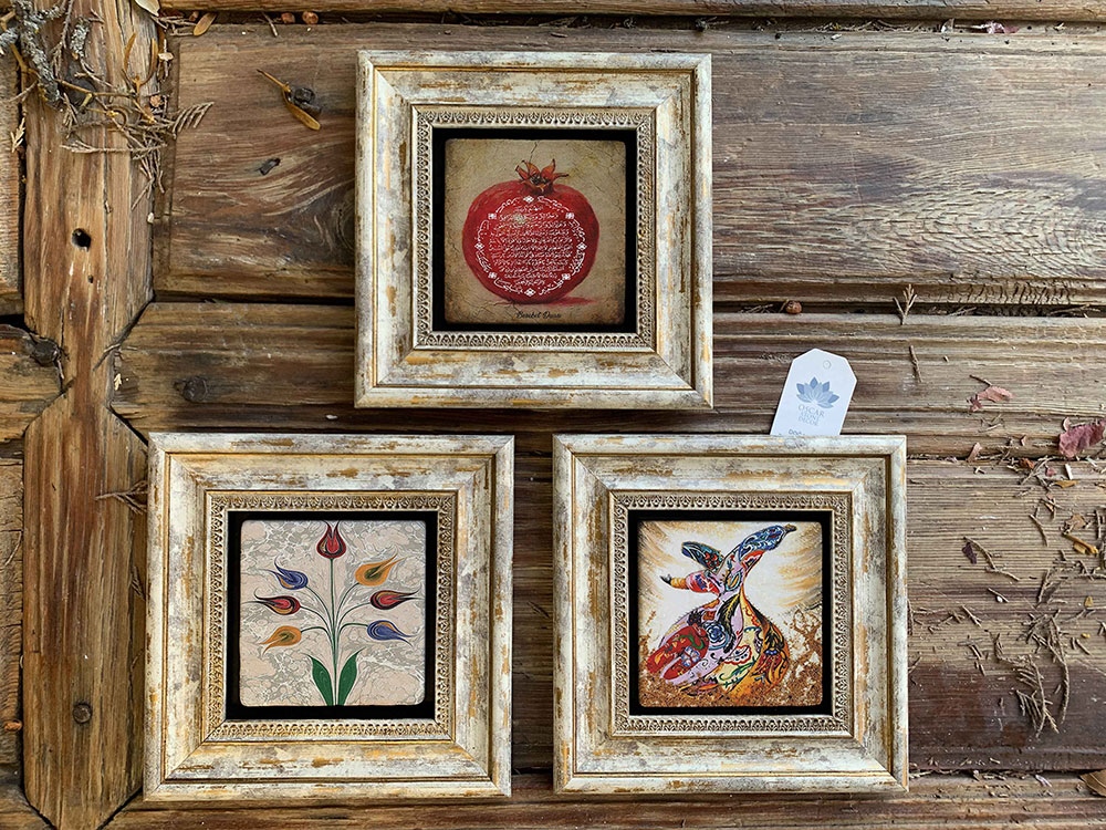 Oscar Stone Decor Çerçeveli Taş Duvar Dekoru Tablo 3'lü Set 20x20cm Nar Dua Semazen Ebruli