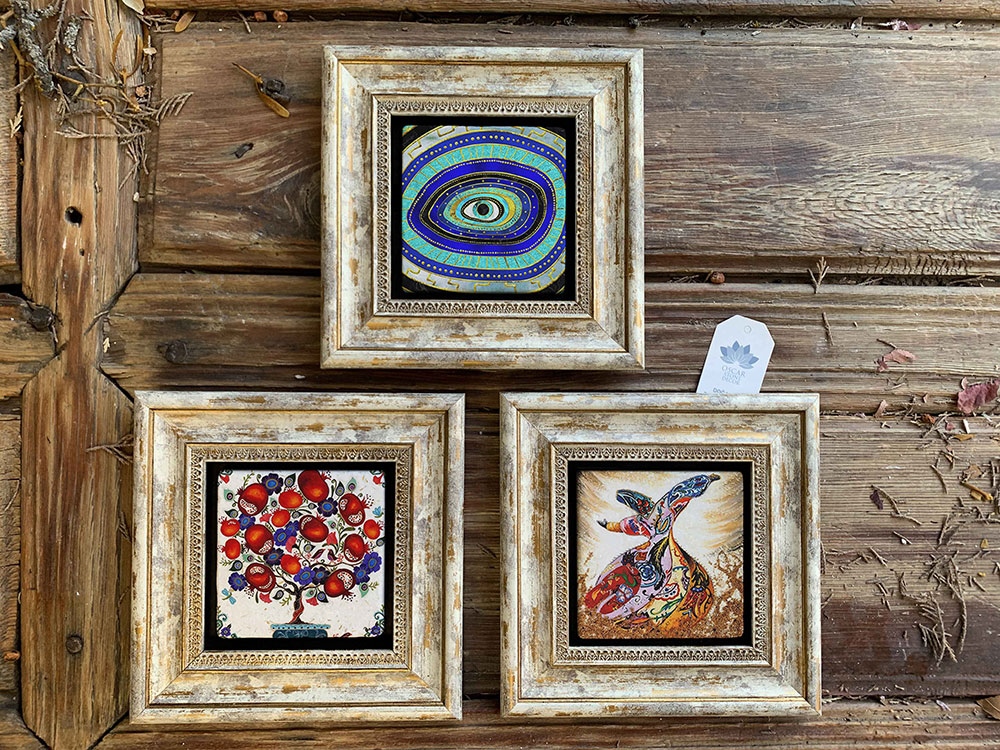 Oscar Stone Decor Çerçeveli Taş Duvar Dekoru Tablo 3'lü Set 20x20cm Nazar Göz Semazen Nar Ağacı