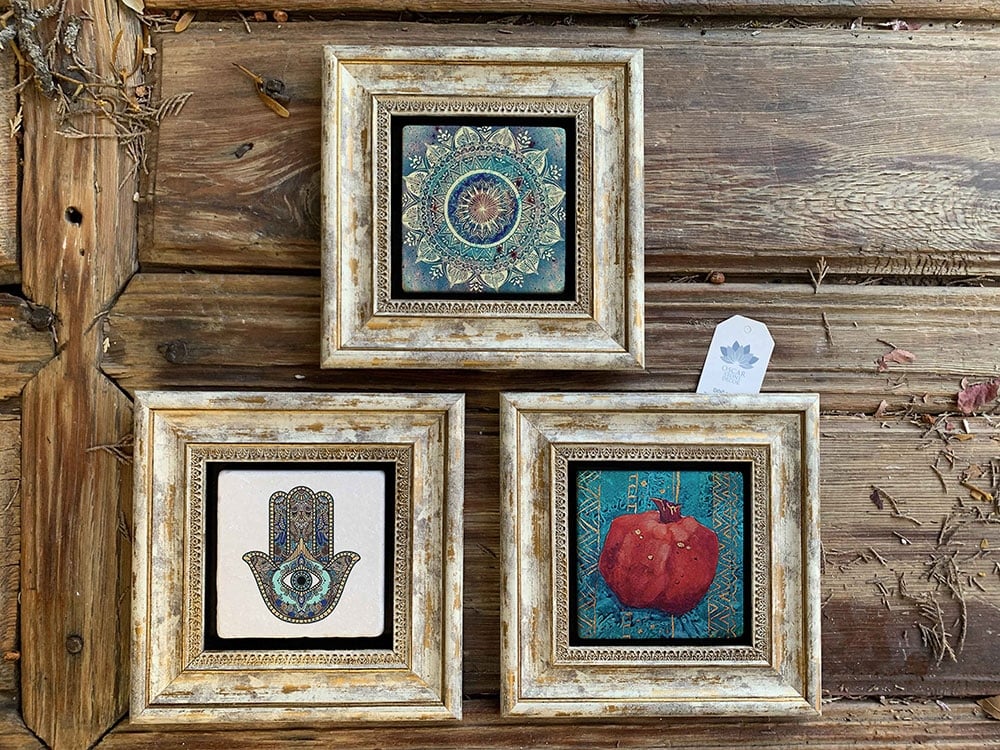 Oscar Stone Decor Çerçeveli Taş Duvar Dekoru Tablo 3'lü Set 20x20cm Desen Nar Fatma Ana Eli