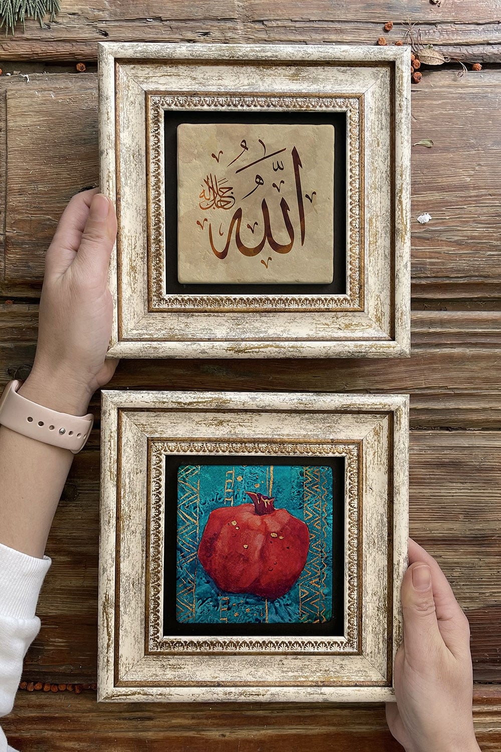 Oscar Stone Decor Çerçeveli Taş Duvar Dekoru Tablo 20x20cm 2'li Set (480-414) Nar Allah