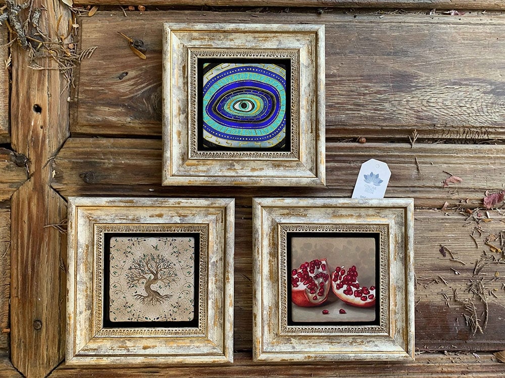 Oscar Stone Decor Çerçeveli Taş Duvar Dekoru Tablo 3'lü Set 20x20cm Hayat Ağaç Nar Nazar Göz
