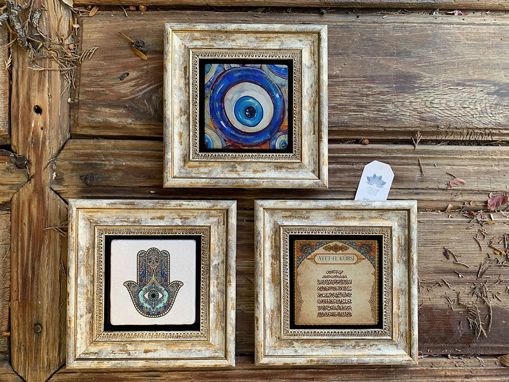 Oscar Stone Decor Çerçeveli Taş Duvar Dekoru Tablo 3'lü Set 20x20cm Nazar Fatma Ana Ayetel Kürsi
