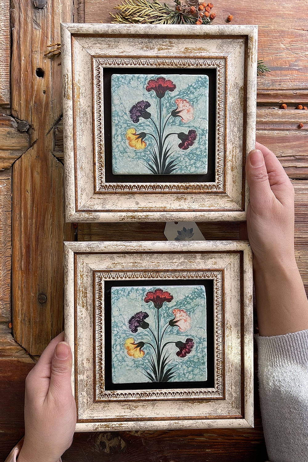 Oscar Stone Decor Çerçeveli Taş Duvar Dekoru Tablo 20x20cm 2'li Set Ebruli Çiçek